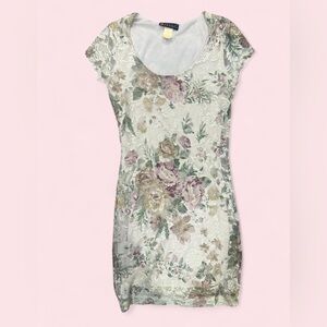 Body Central Floral Lace Midi Dress in White with Pastel Pink and Sage